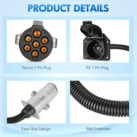 7 Pin Round to 7 Way RV Blade Trailer Adapter Connector Wiring Harness Electric Adapter Plug Connector for Semi Truck Commercial Vehicle Pickup Tractor