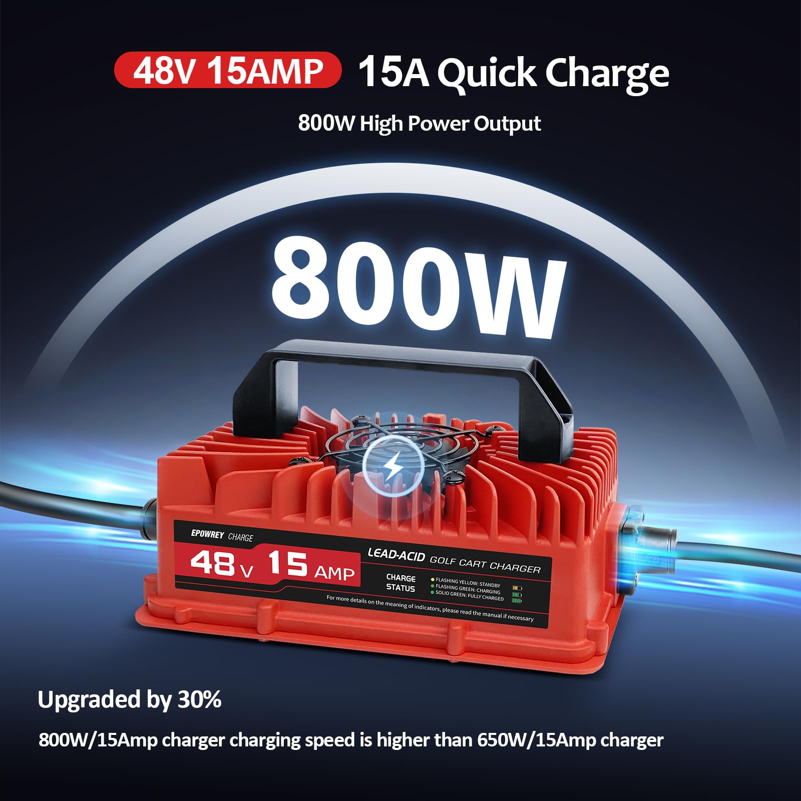 15 Amp 48 Volt Golf Cart Battery Charger for Yamaha G29 with 3-Pin Leaf Plug