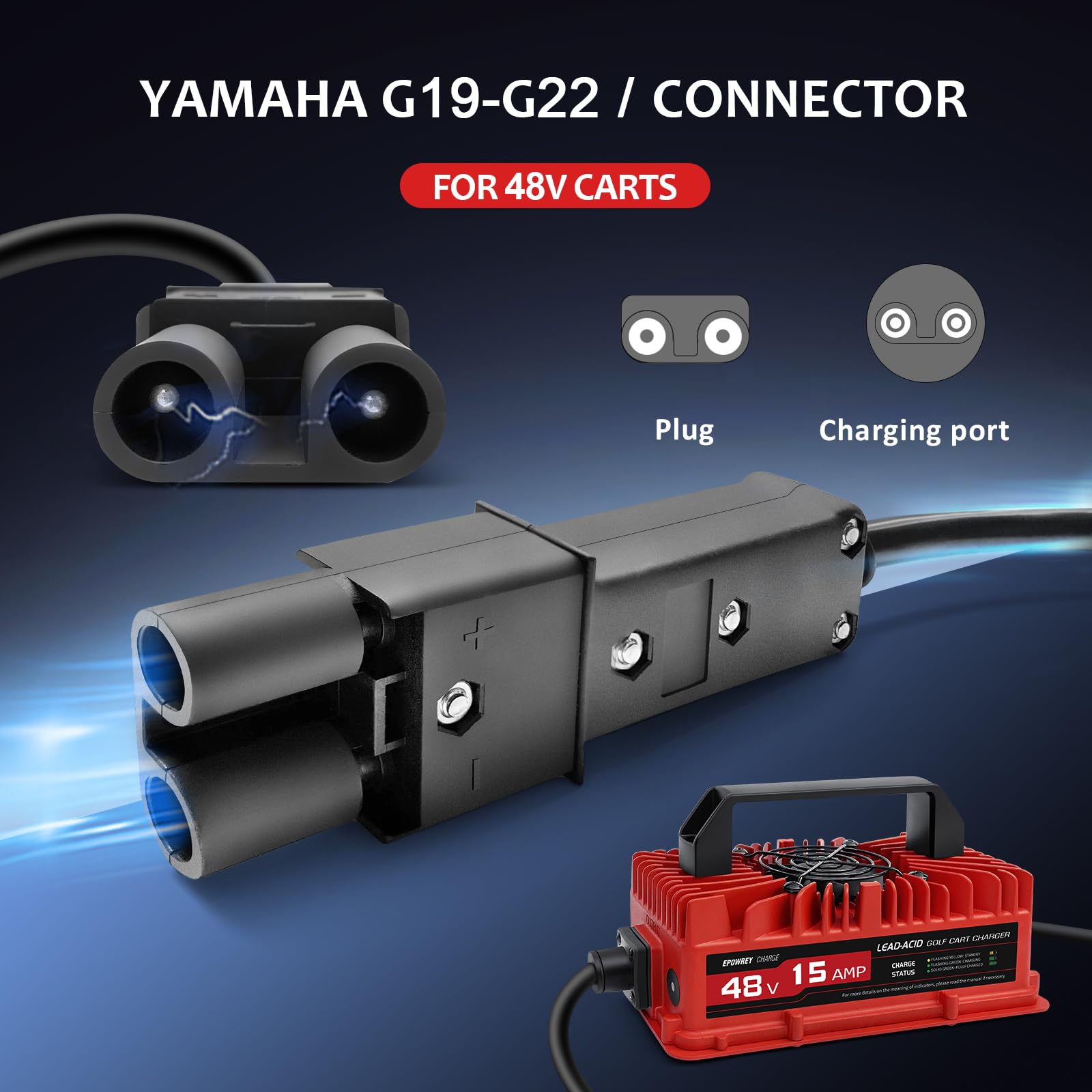 15 Amp 48 Volt Golf Cart Battery Charger for Yamaha G19-G22 with 2-Pin Plug