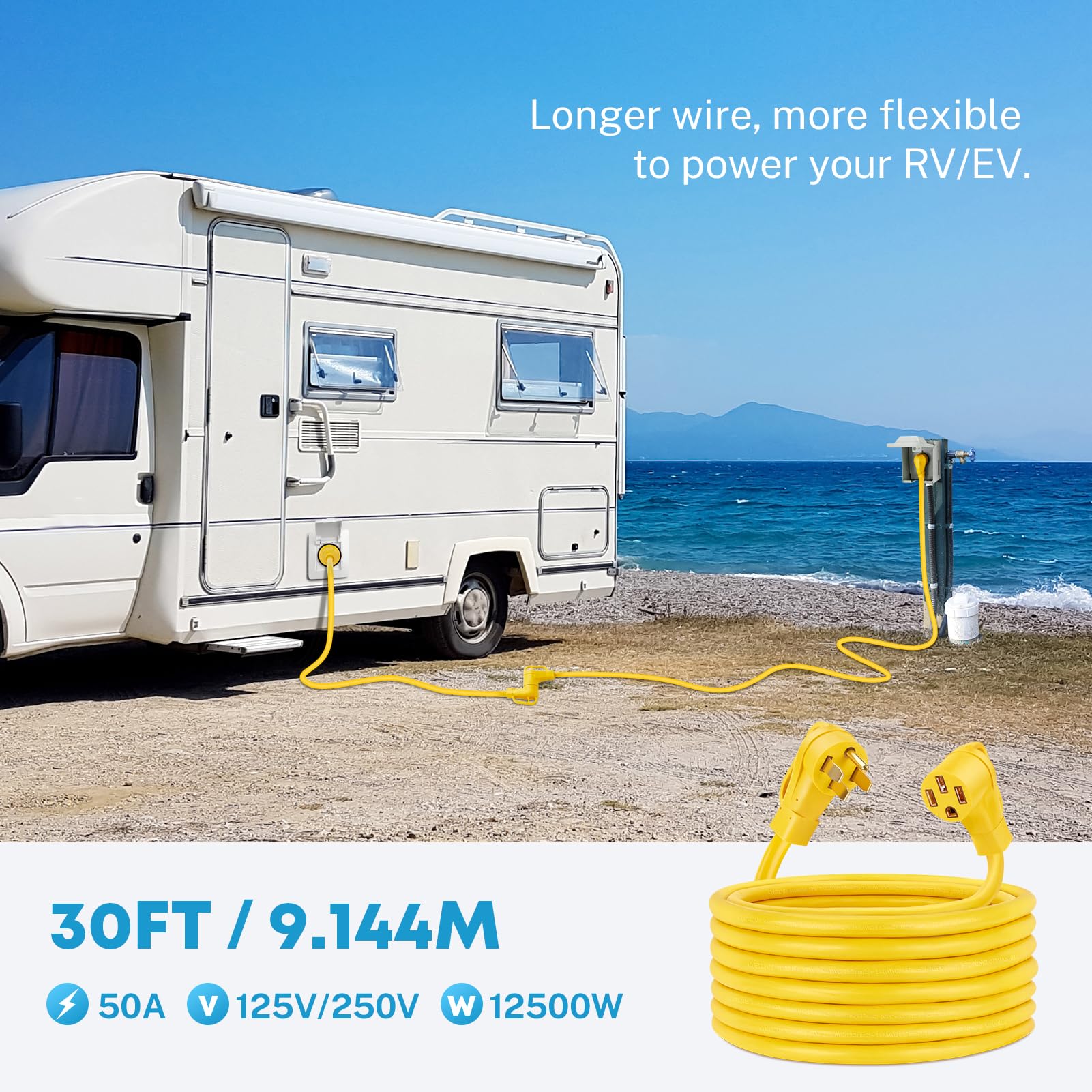 50Amp RV/EV Extension Cord 30FT, NEMA 14-50P to 14-50R RV Power Cord 50A, Heavy Duty 6/3+8/1 Gauge STW Wire W/Cord Organizer for RV Trailer Campers 125/250V, 6250/12500W